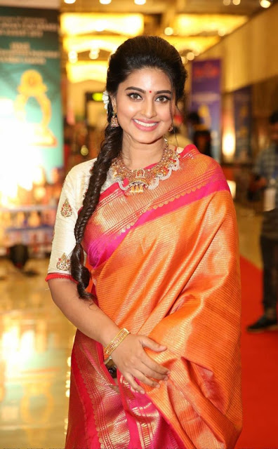 Actress Sneha In Orange Traditional Indian Pattu Saree At Santhosam Awards 45